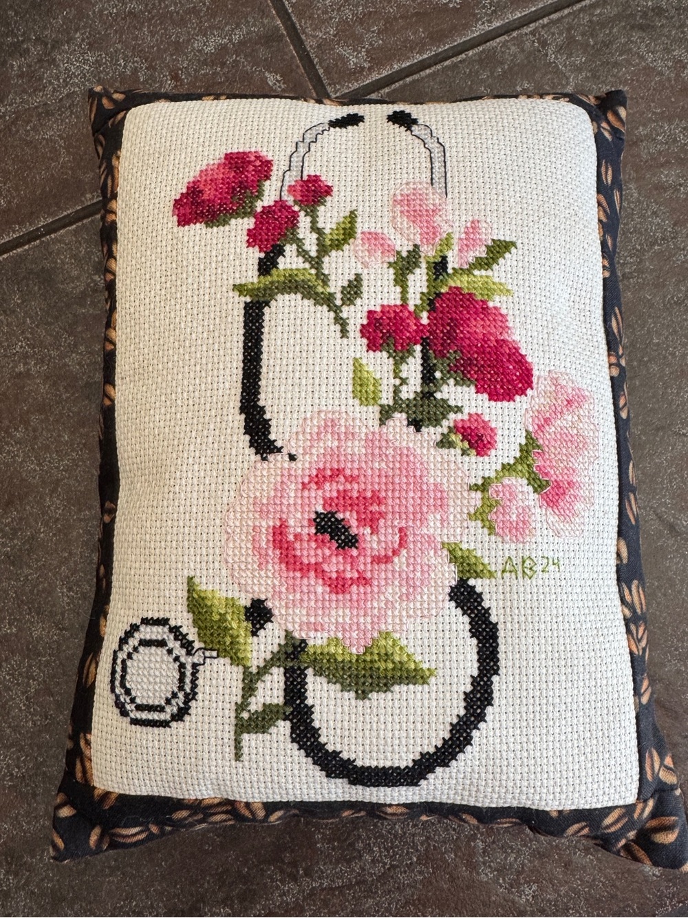 Hand Cross-Stitched Nurse pillow with Pink Roses